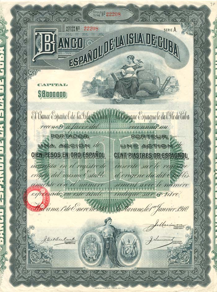 Banco Espanol De La Isla De Cuba - Stock Certificate
